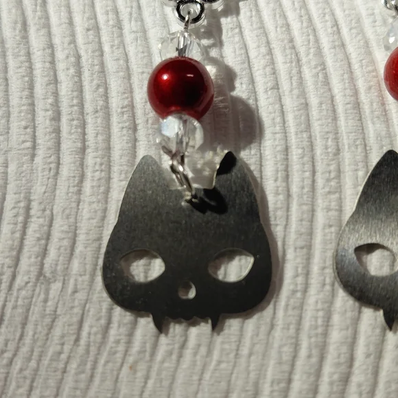 Vampire Cat 2.5" Dangle Earrings Handmade with Blood Red Accent Bead & Crystals. - Picture 3 of 5